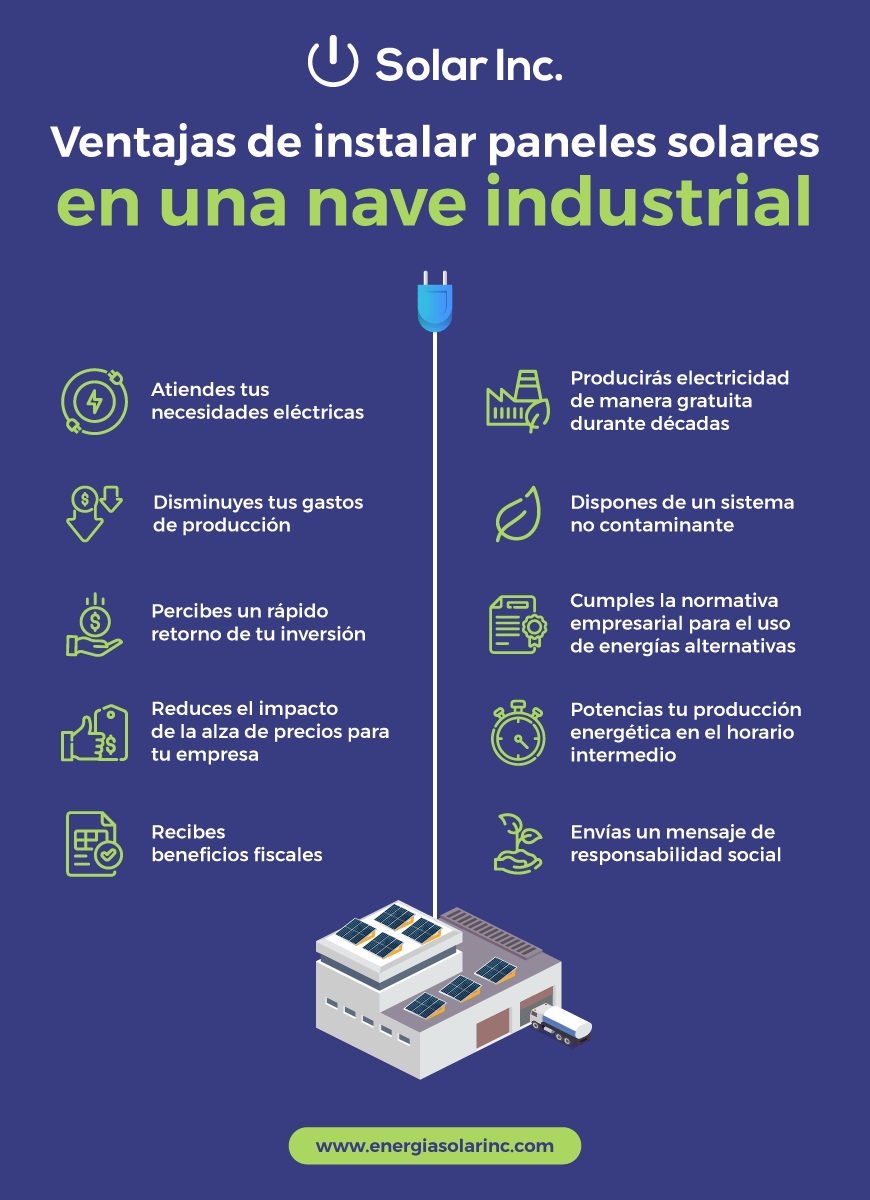 Infografía con 10 ventajas de instalar paneles solares en una nave industrial